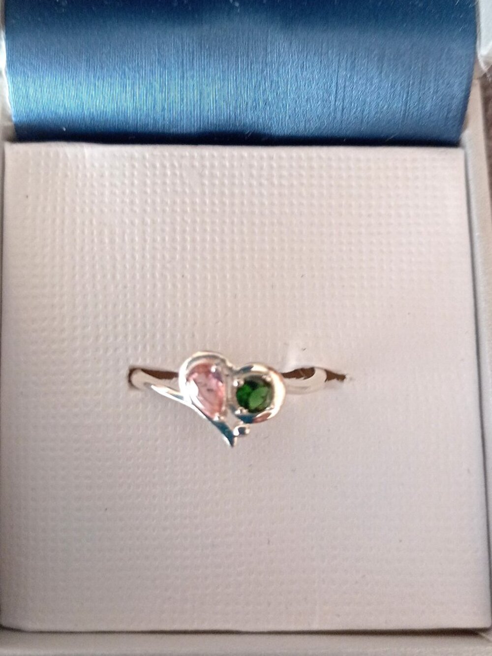 Delicate heart ring, pink & green tourmaline (natural), .925 silver, size 7